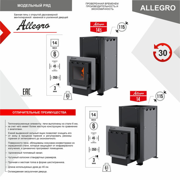 Печь-каменка ALLEGRO 14S (Аллегро 14S) конвекционная со стеклом